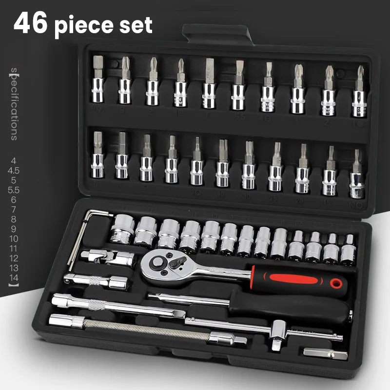 AIRAJ 46 Pieces 1/4 Inch Drive Socket Ratchet Wrench Set, With Bit Socket Set, Metric And Extension Bar For Auto Repairing