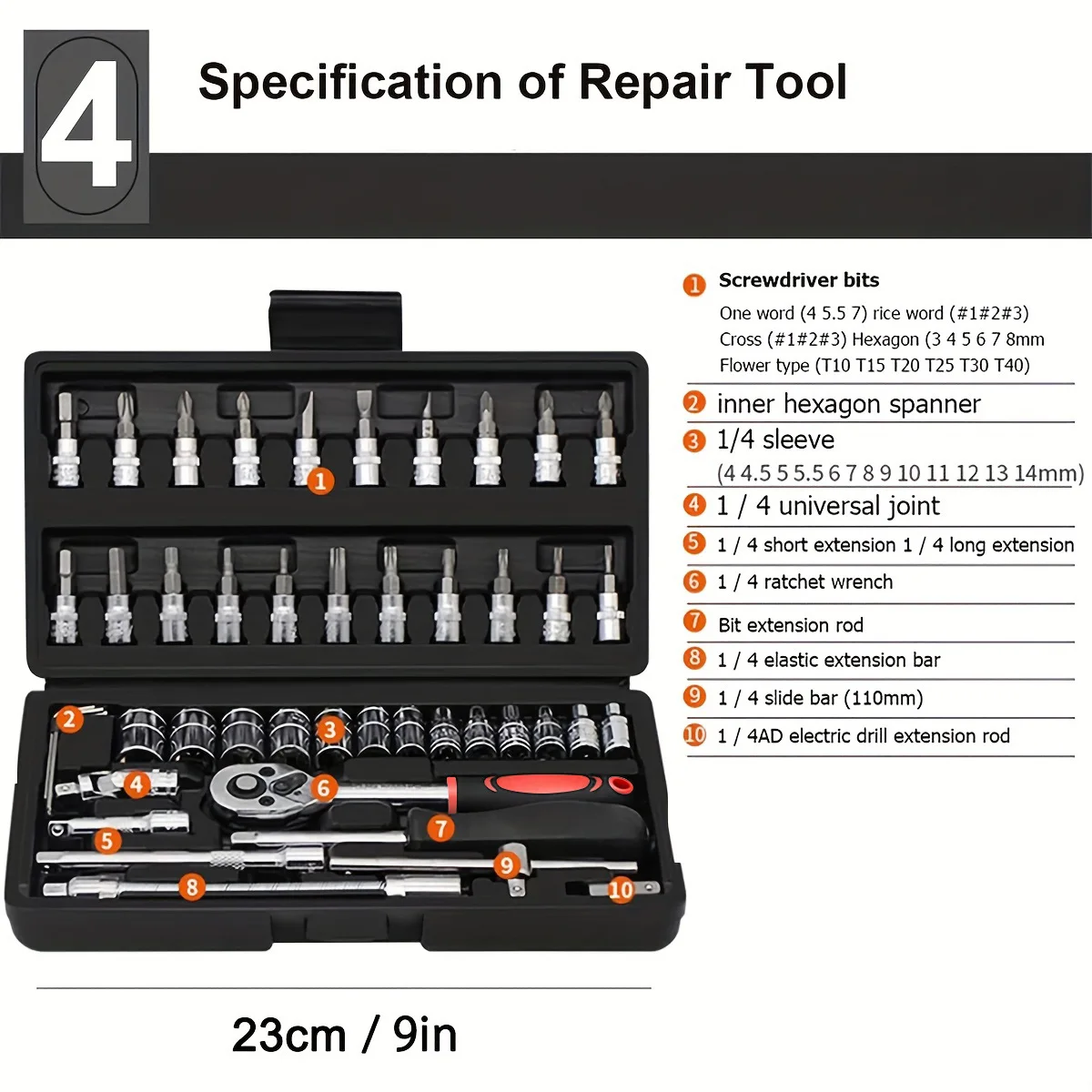 AIRAJ 46 Pieces 1/4 Inch Drive Socket Ratchet Wrench Set, With Bit Socket Set, Metric And Extension Bar For Auto Repairing