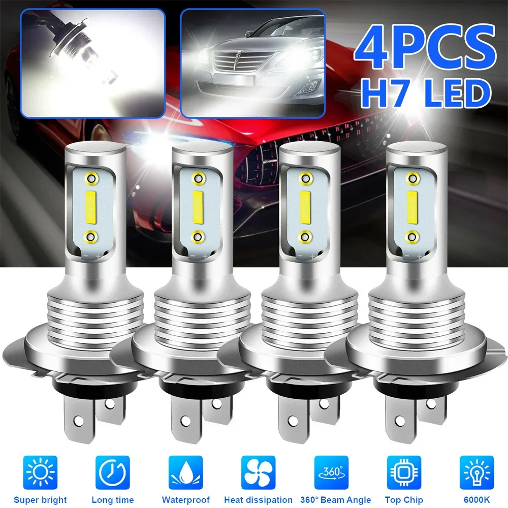 4 PCS H7 LED Headlight Bulbs High Low Beam 6000K Super White Lights Car Fog Lights Auto DRL H4 H8 H8 H11 Cob Chips 12V 24V 80W